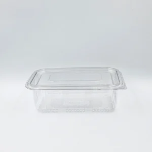 Clear plastic food storage container with a snap-on lid on a white surface, empty and viewed from the side/top edge.
