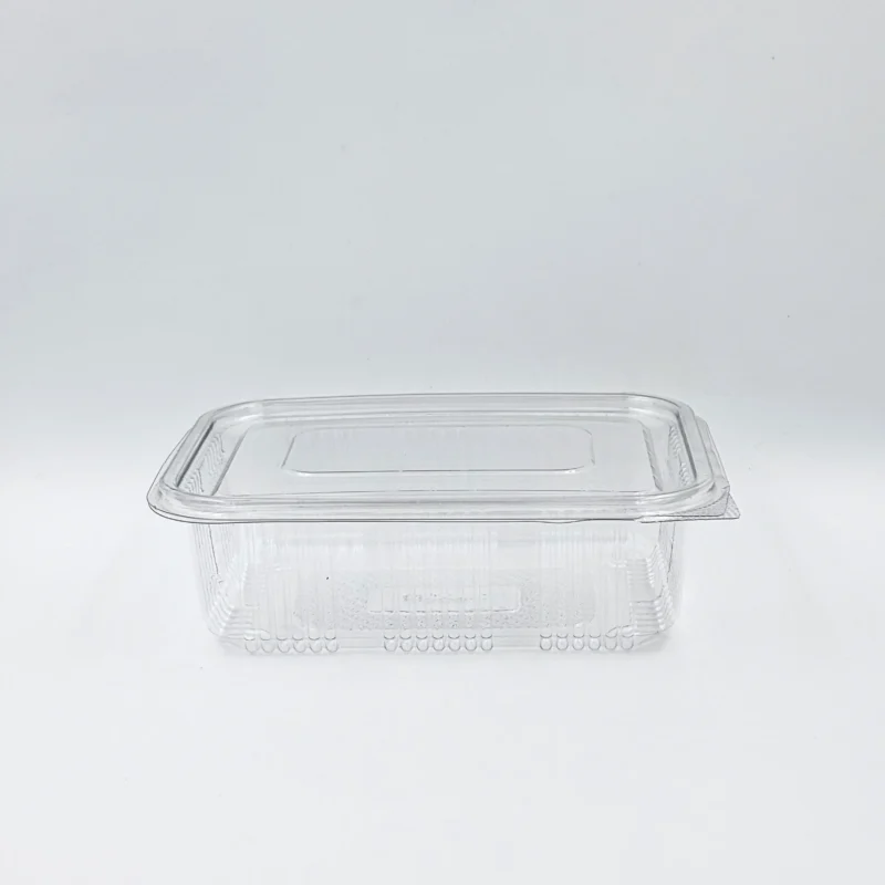1000ml 2 Clear plastic food storage container with a snap-on lid on a white surface, empty and viewed from the side/top edge.