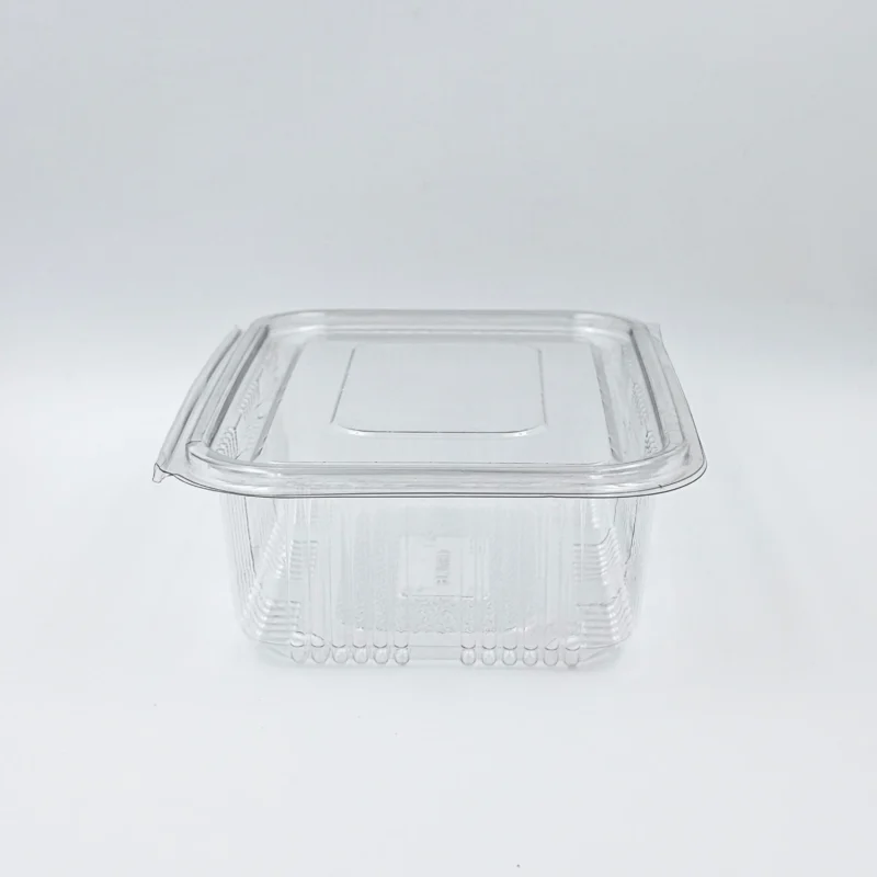 1000ml 3 Transparent plastic food storage container with a lid, resting on a white surface.