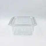 Transparent plastic food storage container with a lid, resting on a white surface.