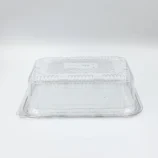 Clear plastic takeout container with lid, empty, on a white surface