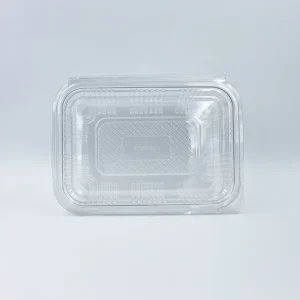 Close-up of a clear plastic food container lid on a light background, viewed from above.