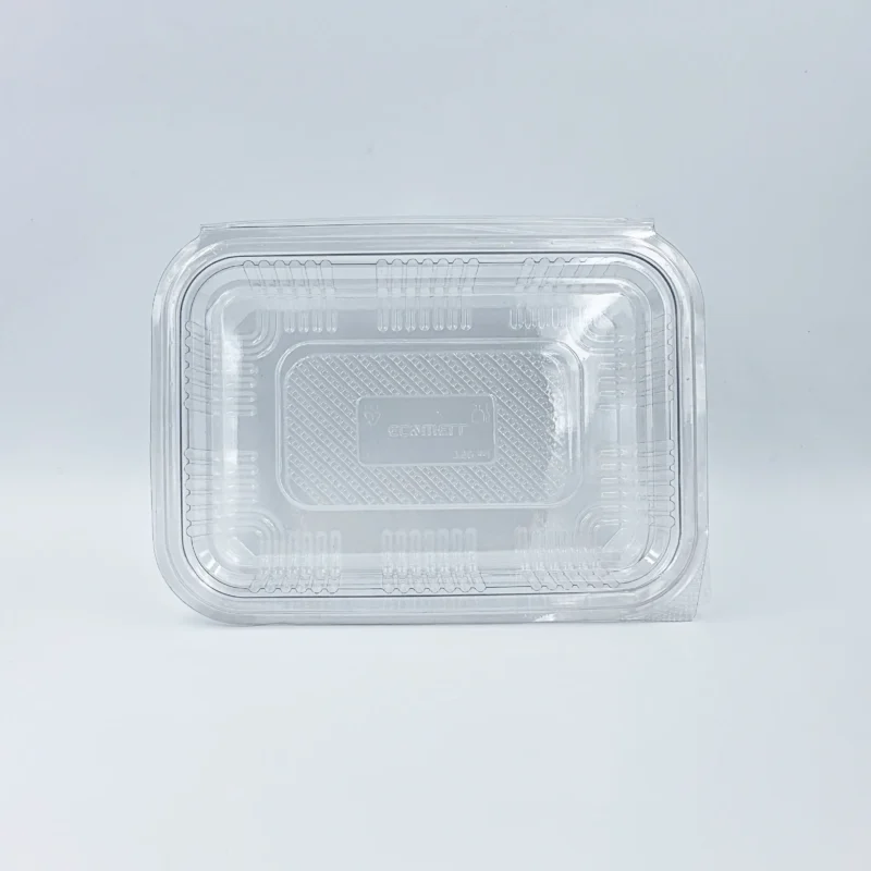 600 ml 2 Close-up of a clear plastic food container lid on a light background, viewed from above.