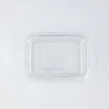 Clear plastic clamshell container lid viewed from above on a light background.