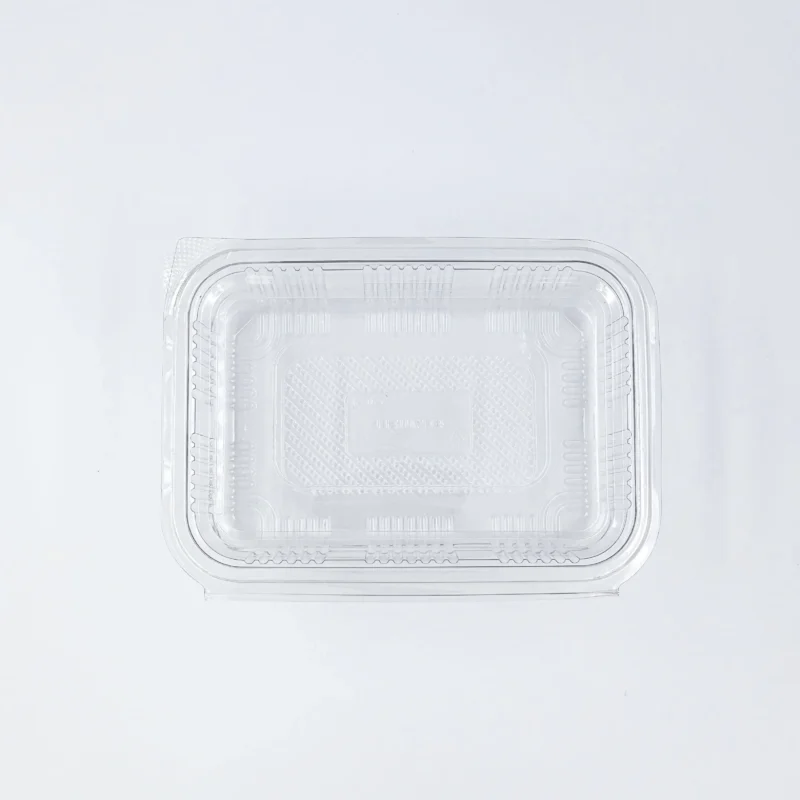 600ml 5 Clear plastic clamshell lid or takeaway container lid viewed from above, showing ridged edges and embossed pattern