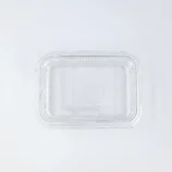Clear plastic clamshell lid or takeaway container lid viewed from above, showing ridged edges and embossed pattern