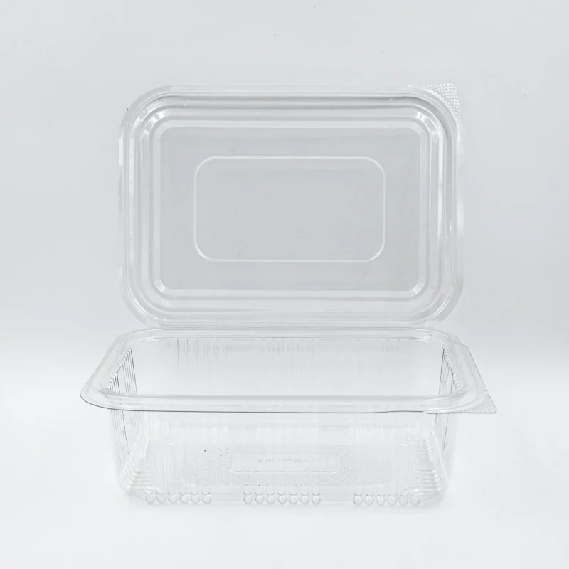 750ml 1 Clear plastic takeout container with a snap-on lid on a white surface.