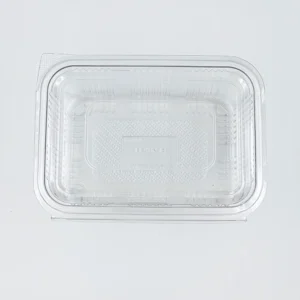 Close-up of a clear rectangular plastic clamshell lid with ridged edges on a light gray background.