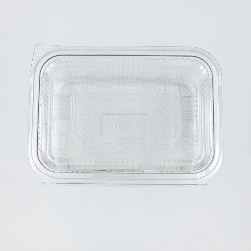 750ml 2 Close-up of a clear rectangular plastic clamshell lid with ridged edges on a light gray background.