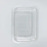 Transparent plastic blister packaging with a rectangular curved tray, empty, on a light background, viewed from above.