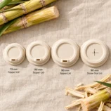 Bagasse cup lid range – 73 mm, 80 mm, 90 mm sipper and 90 mm straw slot lids