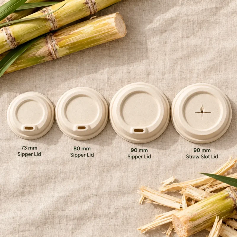 Bagasse cup lid range – 73 mm, 80 mm, 90 mm sipper and 90 mm straw slot lids