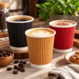 Ripple wall paper cups with hot coffee and latte