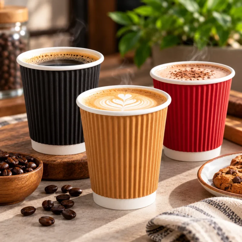 Ripple wall paper cups with hot coffee and latte